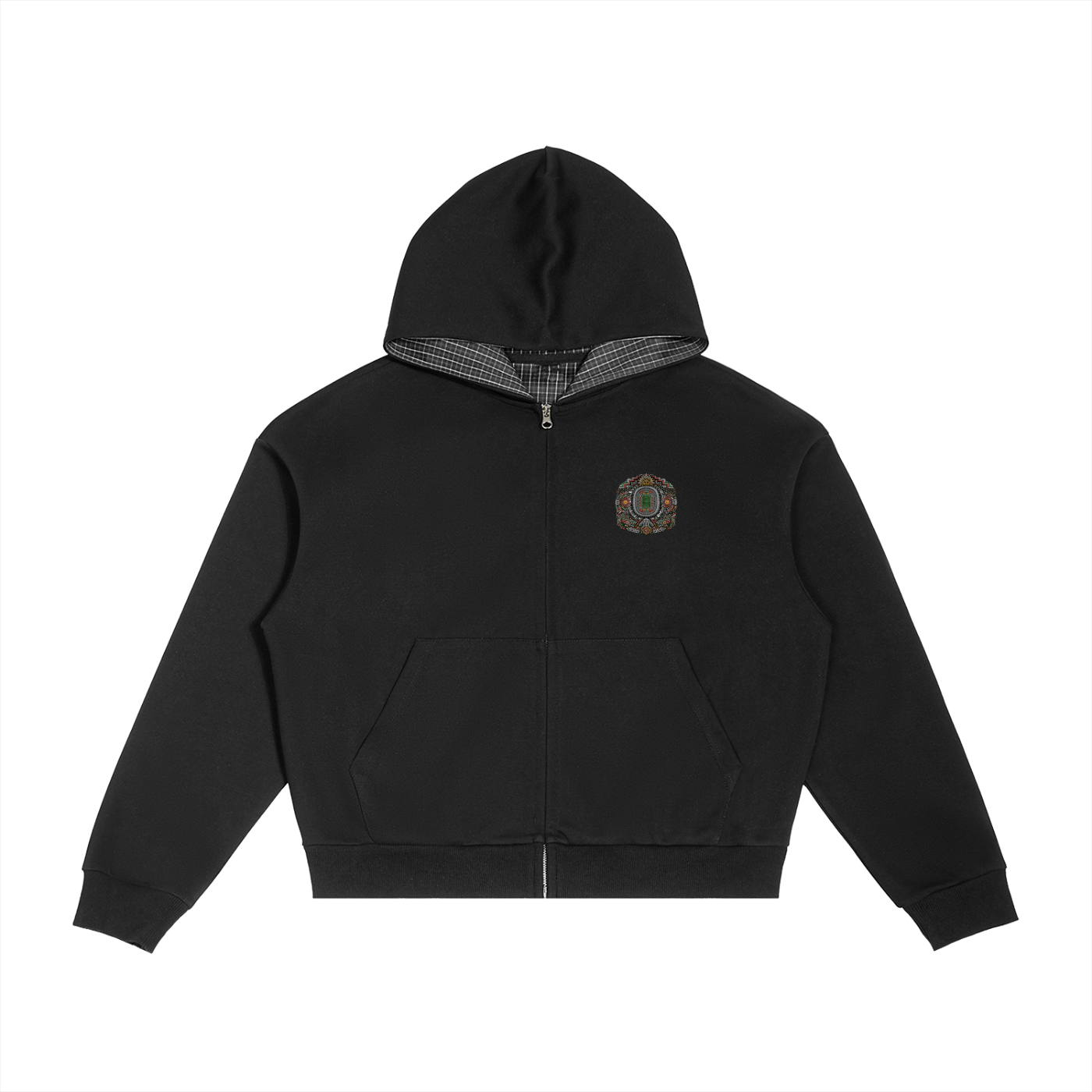 HERITAGE AZTECA Contrast Plaid Boxy Zip Hoodie - Black - front product image